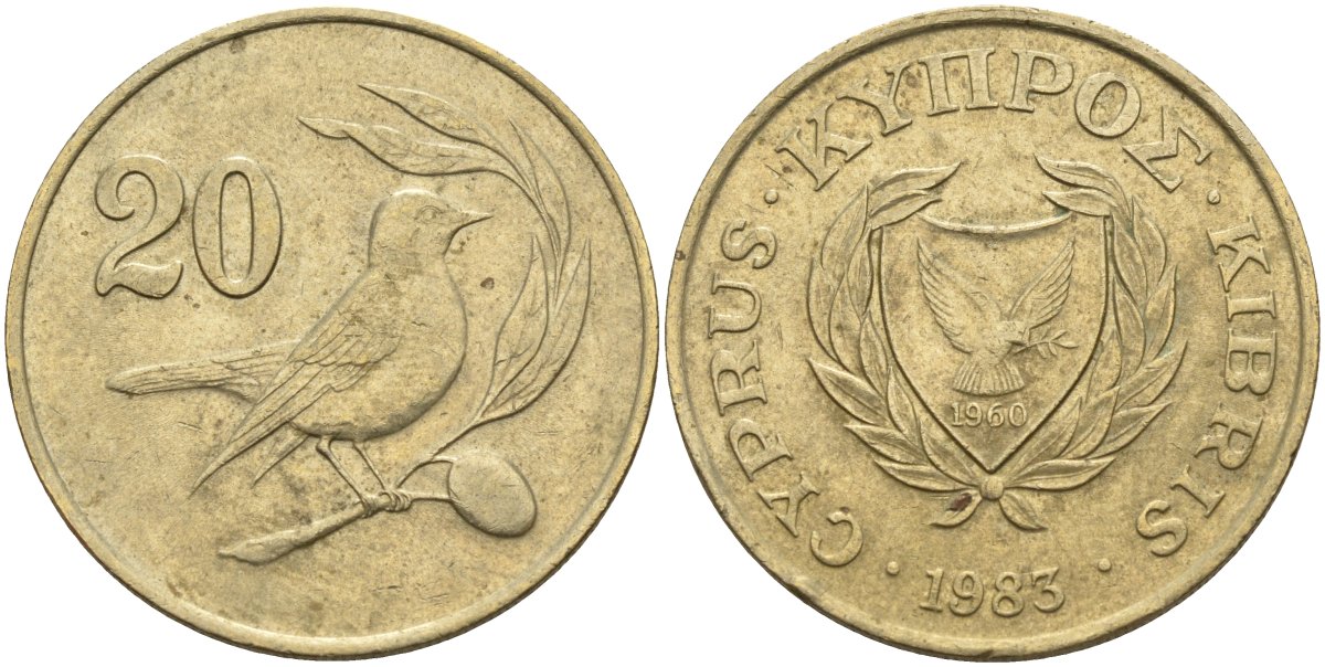Кипр 20 центов 1983 птичка KM 57.1 никель латунь 4140-716