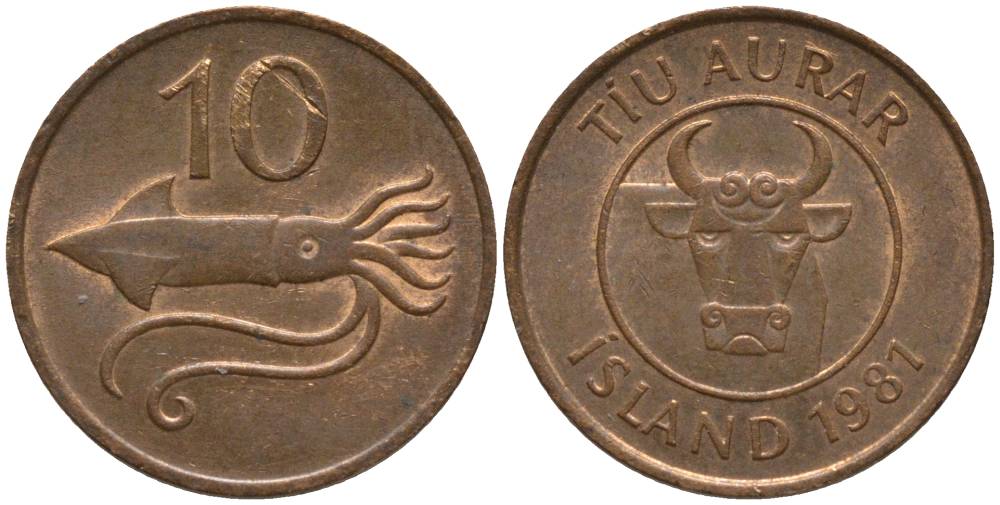 Исландия 10 эйре 1981 кальмар KM 25 бронза 211-829