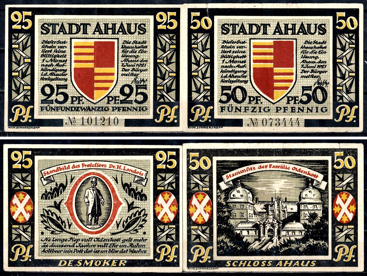 Ахаус (Пруссия, Вестфалия) полный набор из 2 нотгельдов (25 и 50 пфеннигов) 1921 Mehl Grabowski 3.1a бумага 7556-41-2-1
