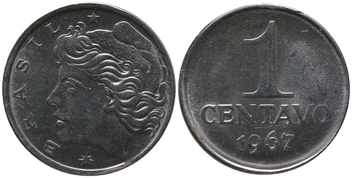 Бразилия 1 сентаво 1967 KM 575.1, Schon 80 нержавеющая сталь UNC 4567-842