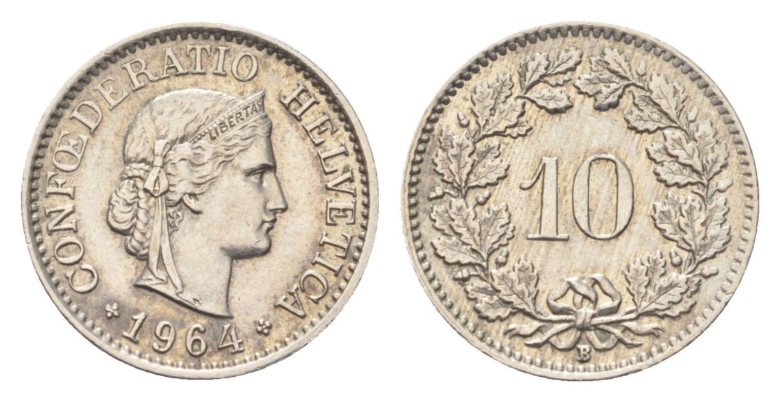 Швейцария 10 раппенов 1964 B KM 27 медно-никель 4705-858
