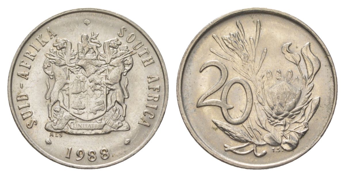 ЮАР 20 центов 1988 герб, цветок протея KM 86 никель 4626-812