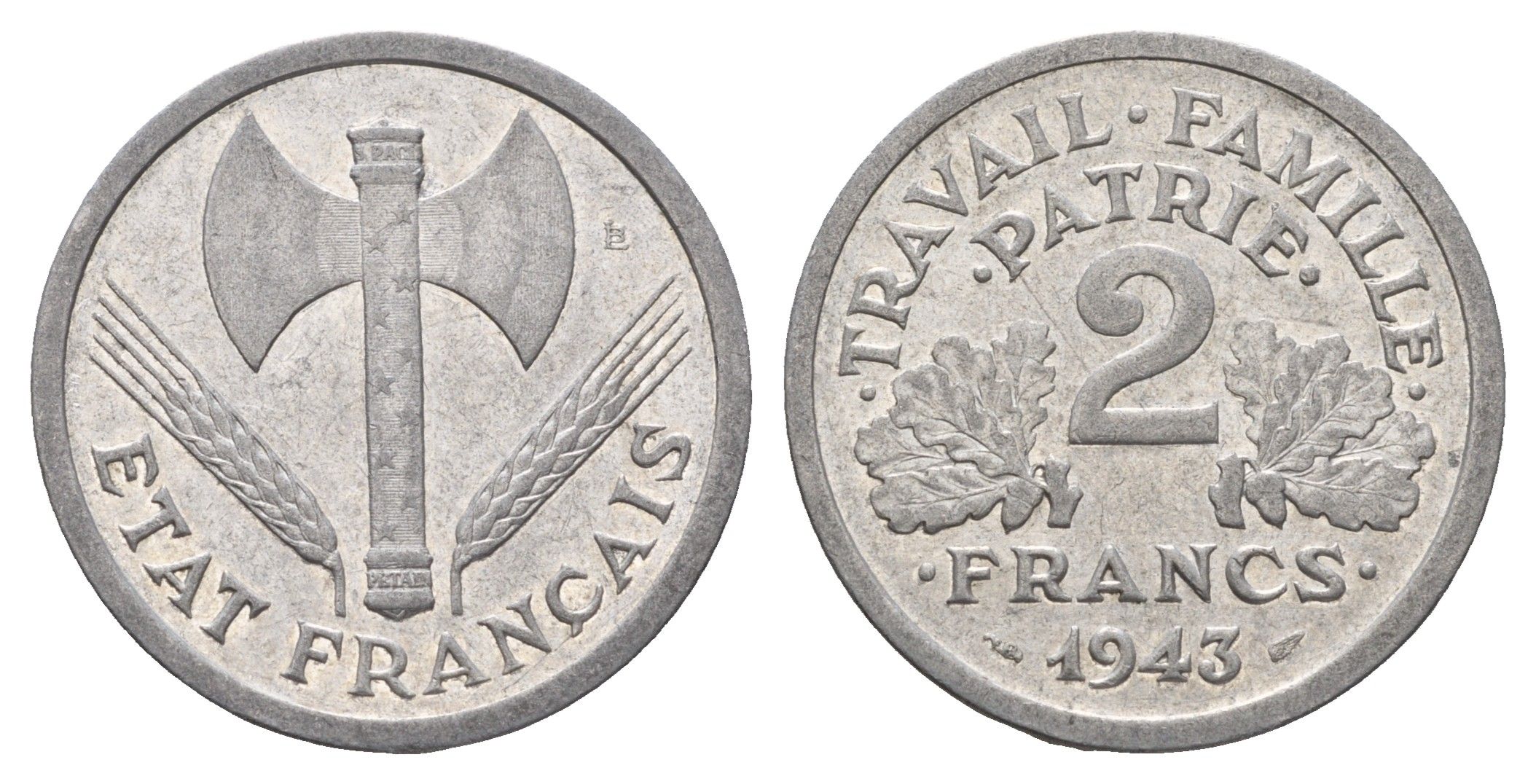 Франция 2 франка 1943 KM 904.1, Le Franc 270.2 алюминий 4118-537