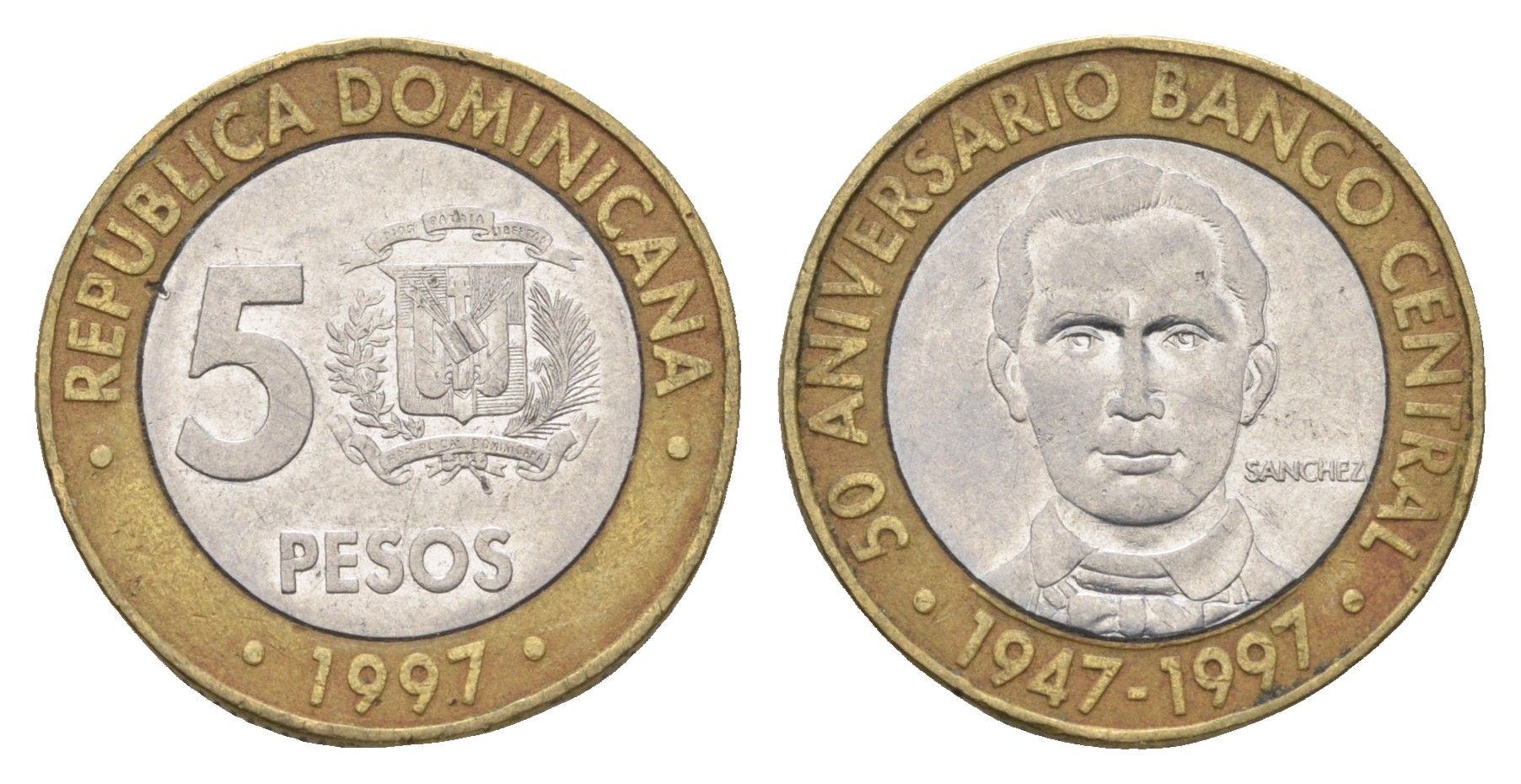 Доминиканская Республика (Доминикана) 5 песо 1997 50 лет Центробанку KM 88 биметалл 4663-922
