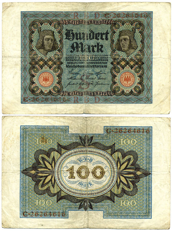 Германия 100 марок 1920 Бамбергский всадник, 8 цифр в номере Pick 69 b, Розенберг 69b бумага 7147-26-1