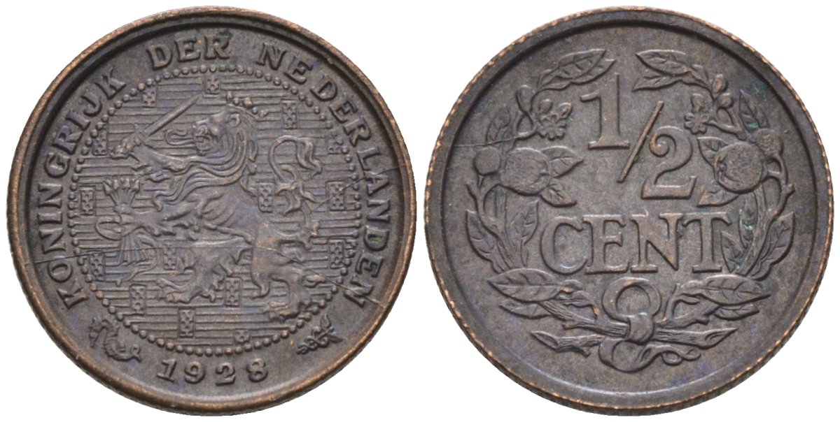 Нидерланды 1/2 цента 1928 Вильгельмина (1890-1948) KM 138 бронза 4576-468