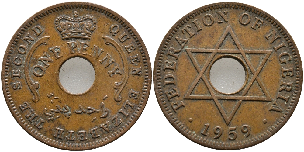 Нигерия 1 пенни 1959 Елизавета II (1952-), Британский протекторат KM 2 бронза 51-2546