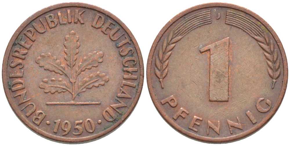 ФРГ 1 ПФЕННИГ 1950 J KM 105, J. 380 сталь плакированная медью 116-342