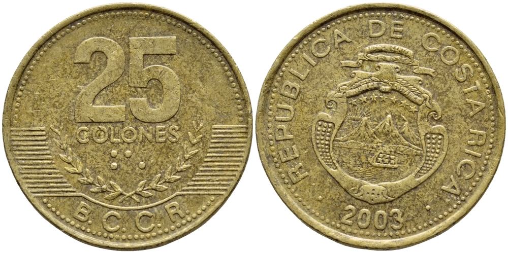 Коста-Рика 25 колонов 2003 B.C.C.R. KM 229а латунь 3459-132