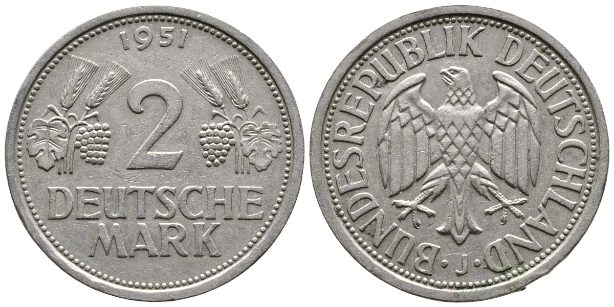 ФРГ 2 марки 1951 J J 386, KM 111 медно-никель плакированный никелем 413-4831