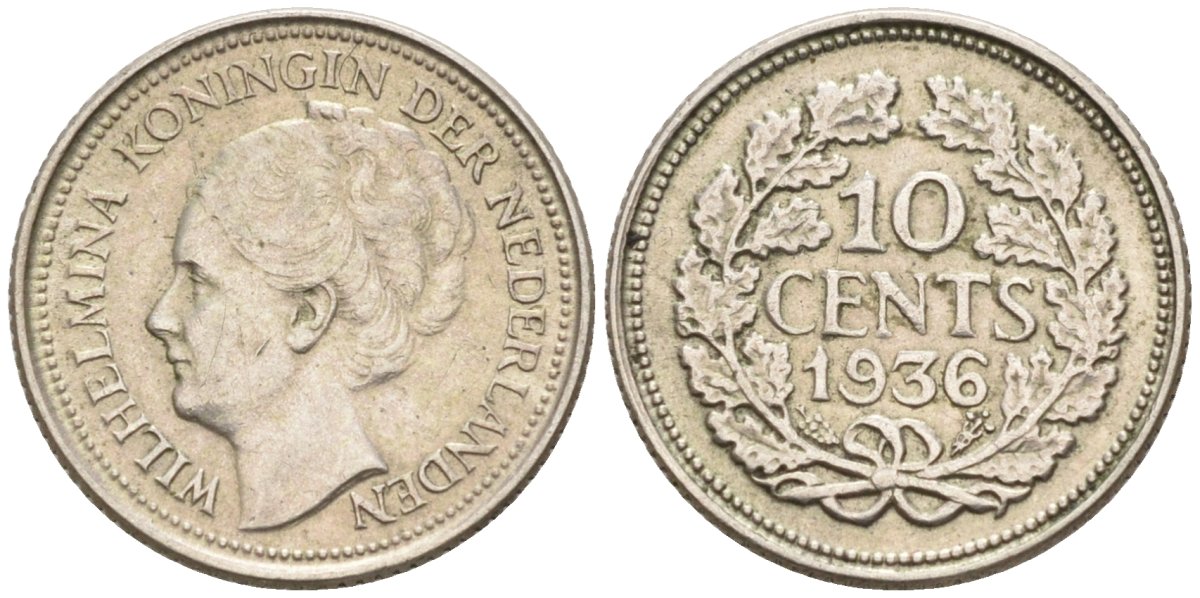 Нидерланды 10 центов 1936 Вильгельмина I (1890-1948) КМ 163 серебро 4576-768