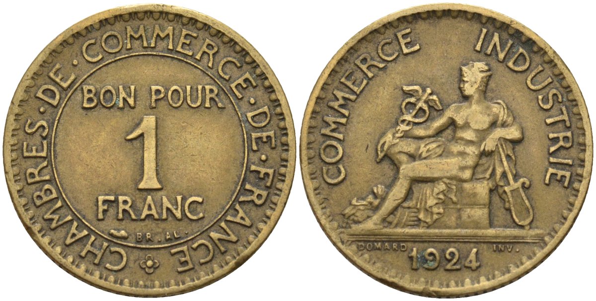Франция 1 франк 1924 KM 876, Le Franc 218.5 алюминиевая бронза 4142-751