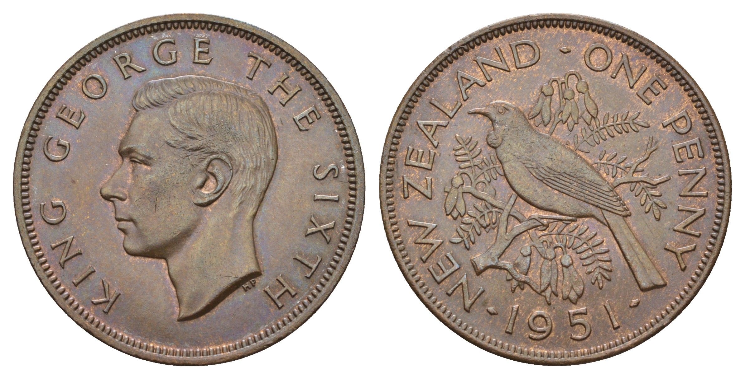 Новая Зеландия 1 пенни 1951 Георг VI (1936-1952), новозеландский туи KM 21 бронза 51-4543