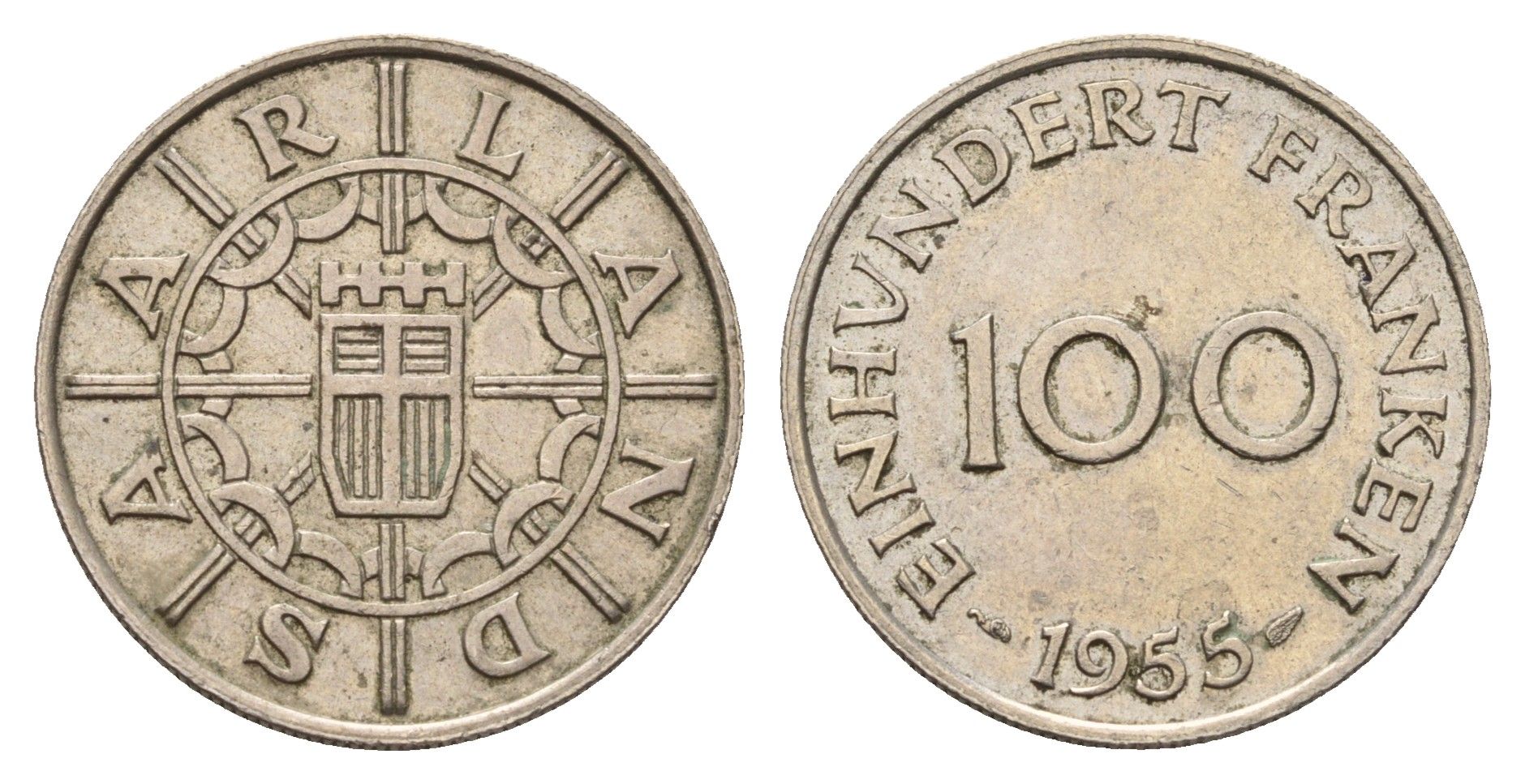 Саар 100 франков 1955 год-тип KM 4 медно-никель 77-745