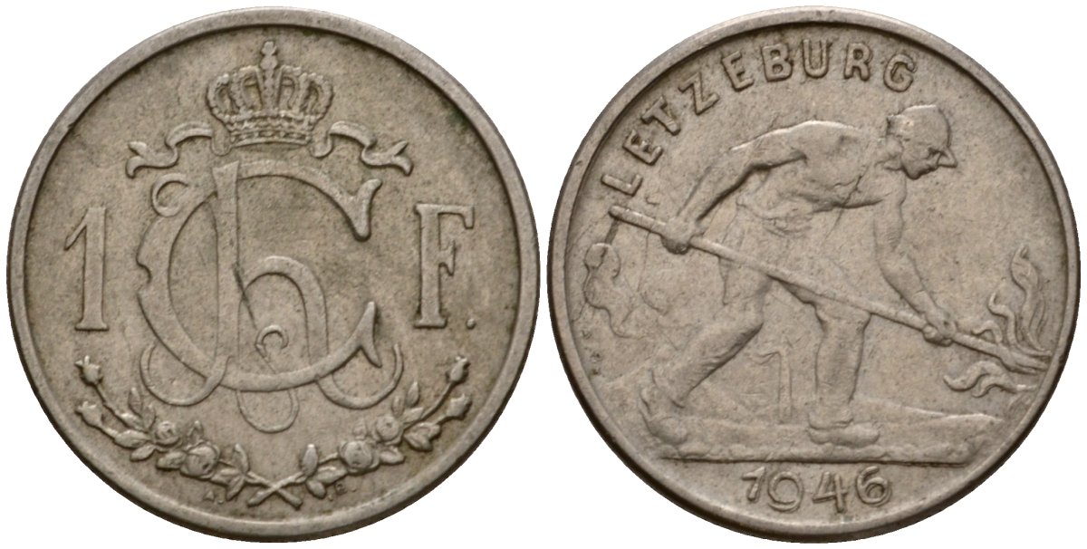 Люксембург 1 франк 1946 Шарлотта (1918-1964), сталевар KM 46.1 медно-никель 4603-1112