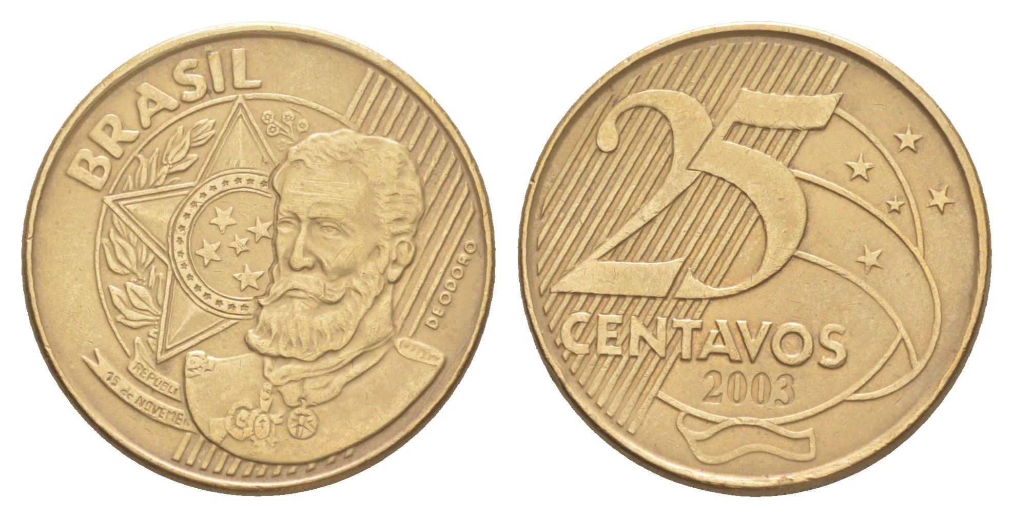 Бразилия 25 сентаво 2003 KM 650.1 сталь плакированная латунью 4642-1122