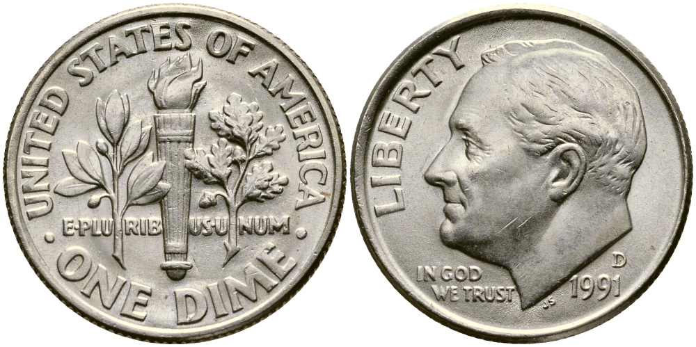 США 10 ЦЕНТОВ = 1 ДАЙМ 1991 D, РУЗВЕЛЬТ KM 195а медь плакированная медно-никелем 46-2352