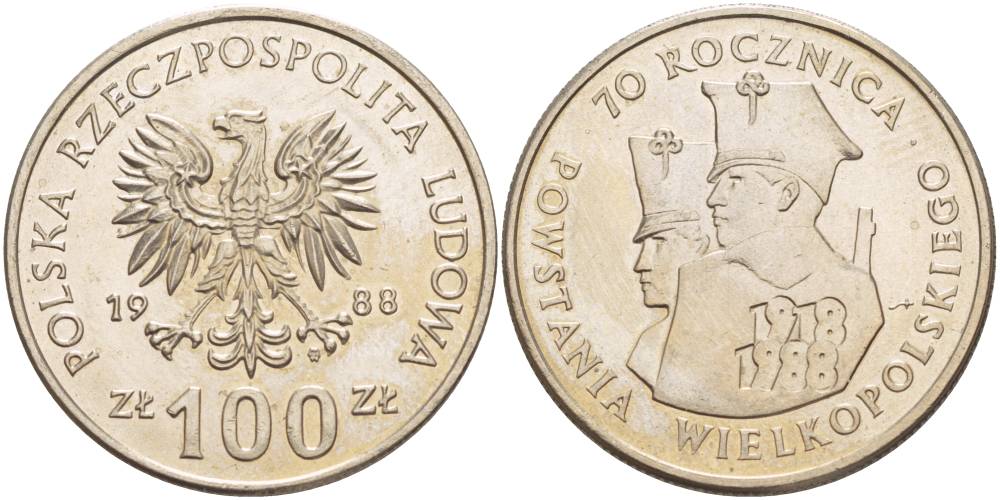 ПОЛЬША 100 ЗЛОТЫХ 1988 MW, 70 ЛЕТ ВЕЛИКОПОЛЬСКОГО ВОССТАНИЯ KM 182 медно-никель 4542-1025