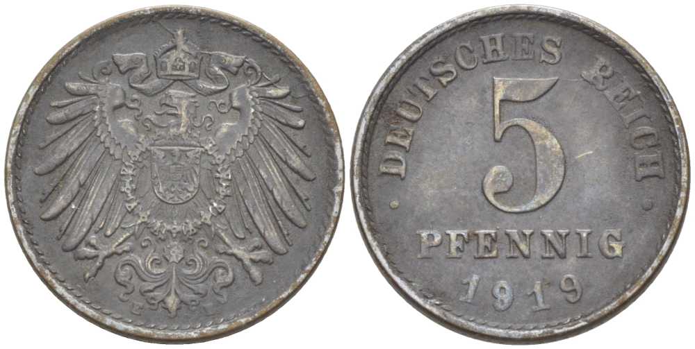 ГЕРМАНИЯ 5 ПФЕННИГОВ 1919 E KM 19, J. 297, Weege 5 железо 206-724