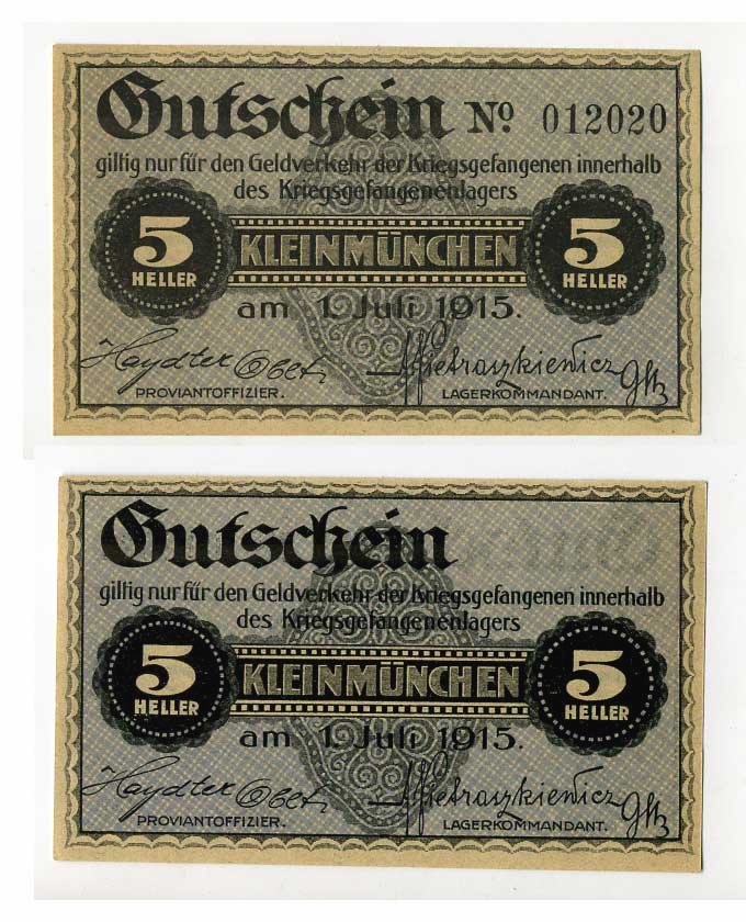 Австрия 5 геллеров 1915 Малый Мюнхен, лагерь военнопленных C-1397 бумага UNC (пресс) 504-61-3-2