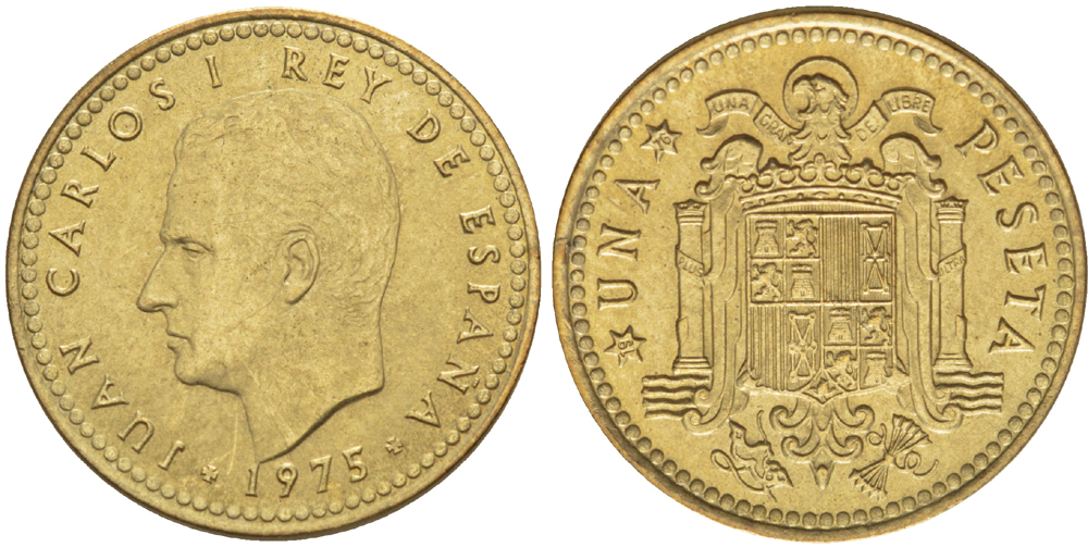 ИСПАНИЯ 1 ПЕСЕТА 1975 (76) ХУАН КАРЛОС I ( 1975-) KM 806 алюминиевая бронза 216-417
