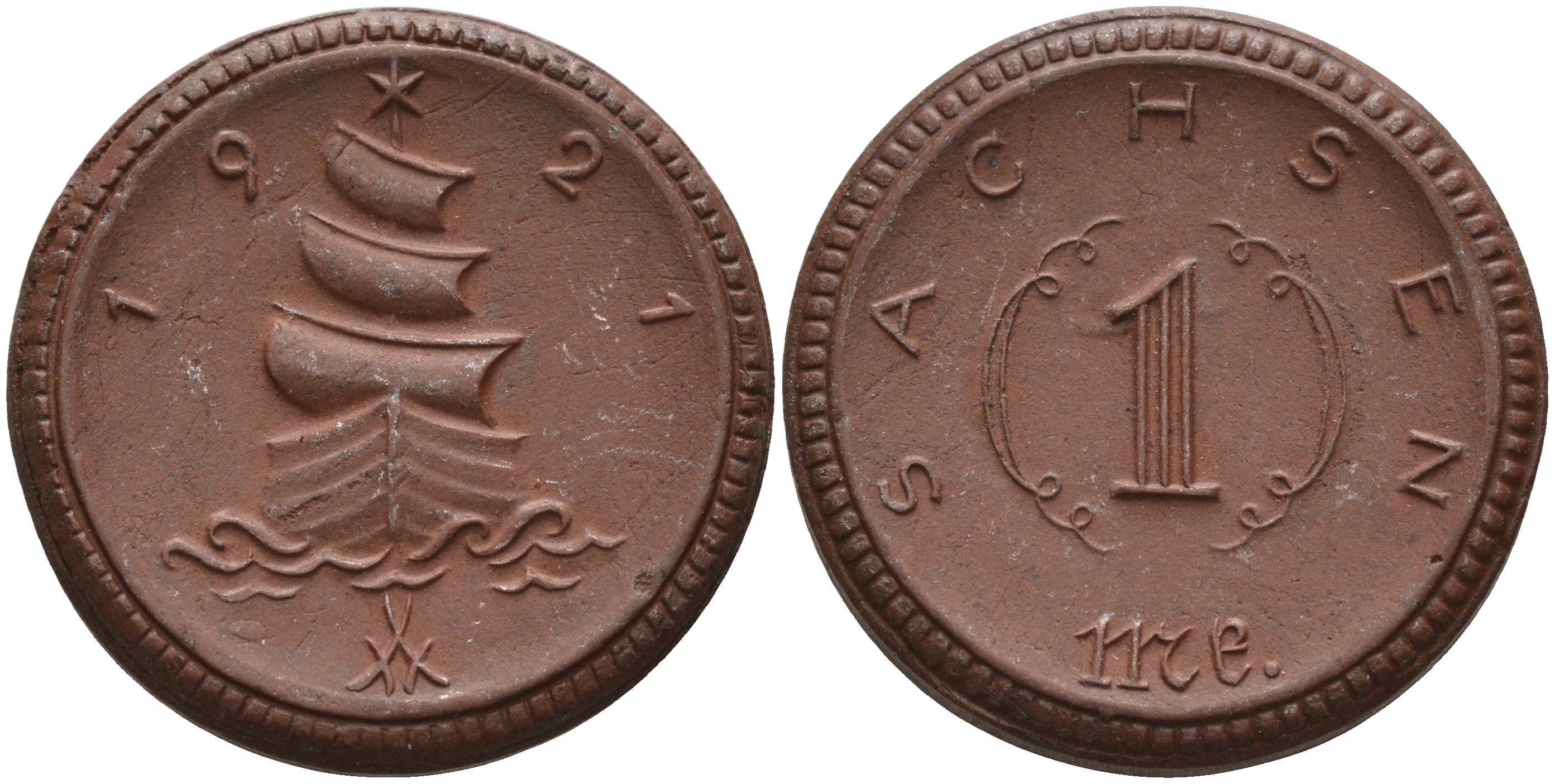 Саксония 1 марка 1921 парусник J. N 55 фарфор 1094-4-42