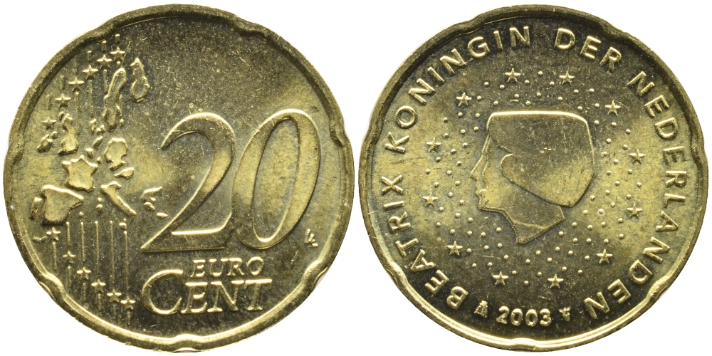 Нидерланды 20 евроцентов 2003 Беатрикс (1980-2013) KM 238 латунь UNC 4391-326