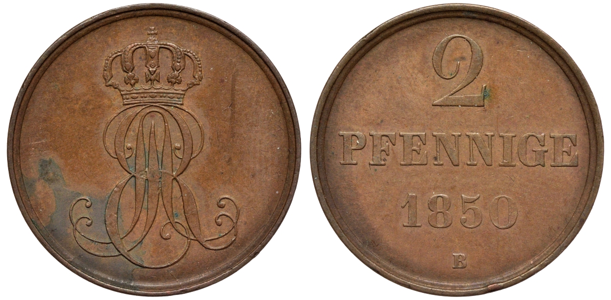 Ганновер 2 пфеннига 1850 B, Эрнст Август (1837-1851) KM 202.1, AKS 124, J. 75 медь 75-1944