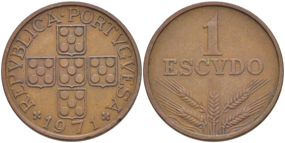 Португалия 1 эскудо 1971 KM 597 бронза 3718-413