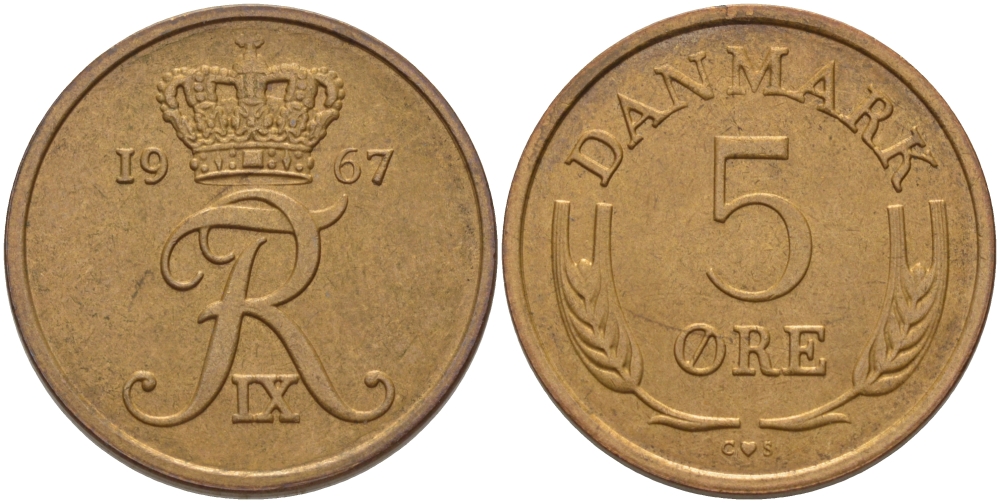 ДАНИЯ 5 ЭРЕ 1967 C; S, ФРЕДЕРИК IX (1947-1972) KM 848.1 бронза 28-514