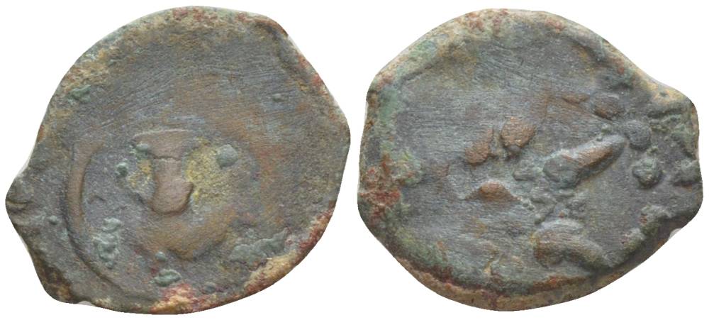 Иудея, династия Хасмонеев прута (известна как 'лепта вдовы') 104 - 76 гг. до н.э. Александр Яннай, греческая легенда 'Царя Александра', якорь / 8-ми лучевая звезда, между лучей та же легенда на иврите, Иерусалим Hendin 1150 медь 1073-21-116