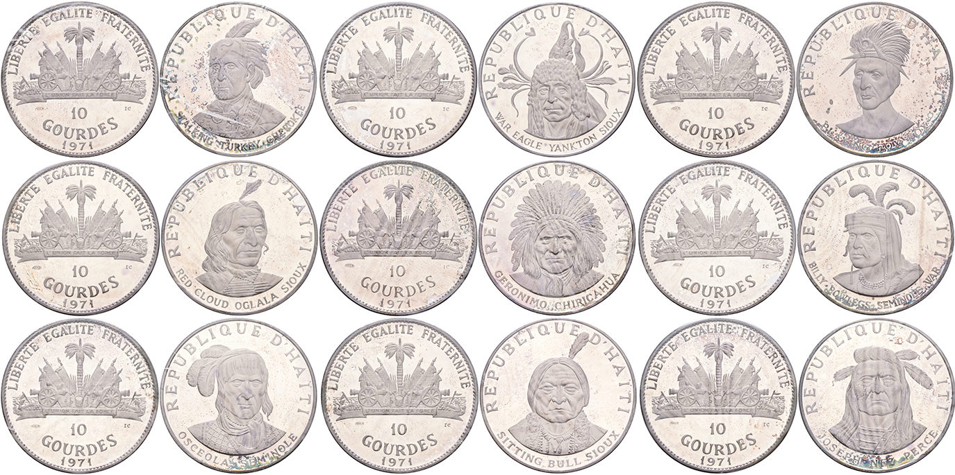 Гаити официальный набор из 9 монет по 10 гурдов 1971 вожди Американских индейцев, в оригинальном буклете, монеты в запайке KM 79, 80, 81, 82, 83, 84, 85, 86, 87 серебро PROOF 00-00-00