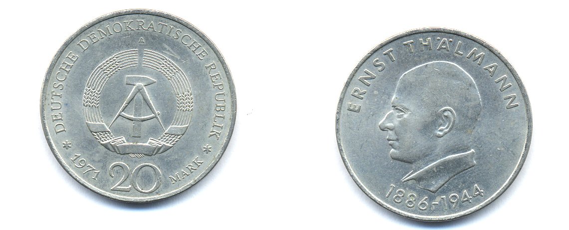 ГДР 20 марок 1971 A, 85 лет со дня рождения Эрнста Тельмана KM 34, J. 1535 медно-никель 3333-625