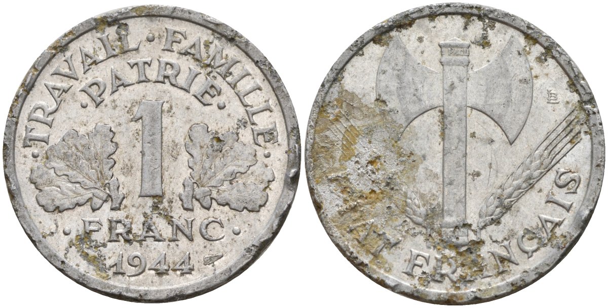 Франция 1 франк 1944 LB, тип Lourde, правительство Виши KM 902.1 алюминий 4142-936
