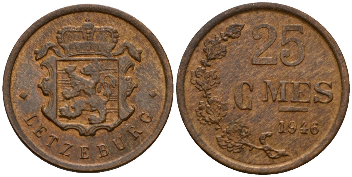 Люксембург 25 сантимов 1946 Шарлотта (1918-1964) KM 45 бронза 4115-139