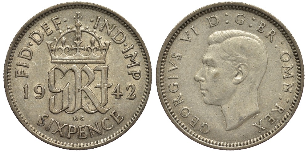 Великобритания 6 пенсов 1942 Георг VI (1936-1952) KM 852, Spink 4084 серебро 4538-521