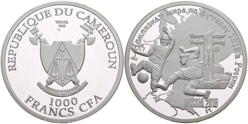 Камерун 1000 франков ND (2018) чемпионат мира по футболу - 2018, Россия, Екатеринбург KM NEW серебро PROOF 1088-3-14