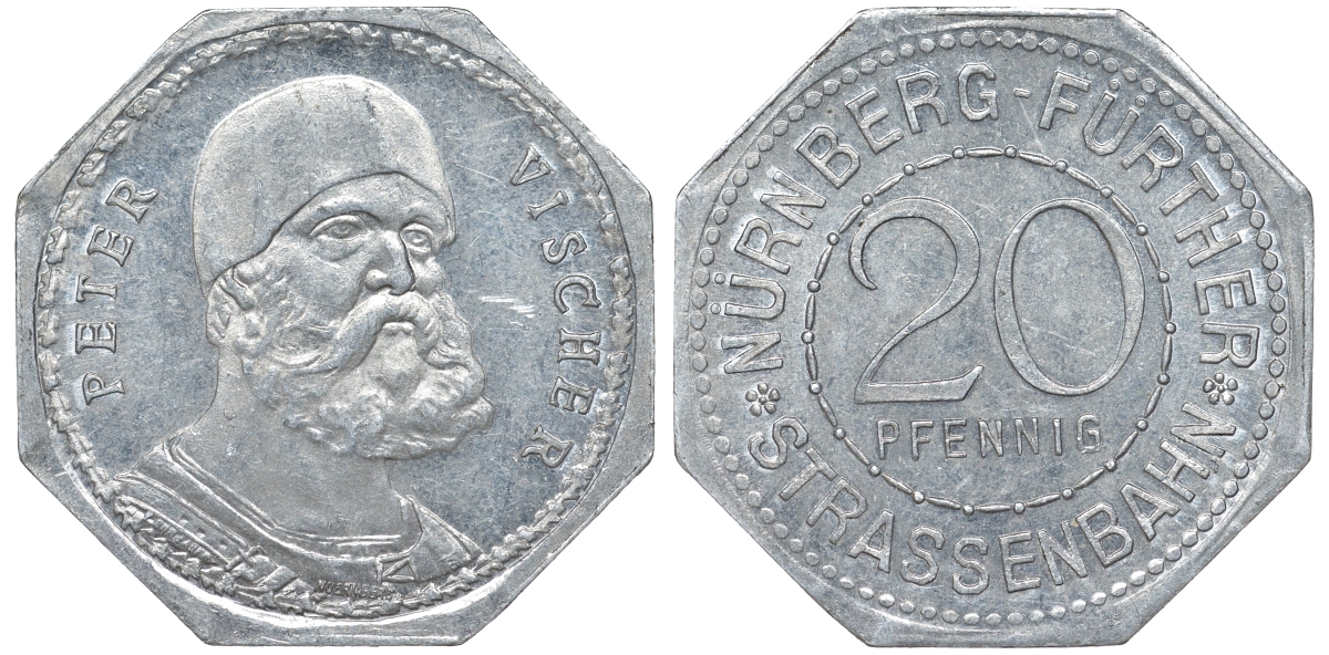 Нюрнберг 20 пфеннигов ND нотгельд Питер Вишер алюминий 51-1052