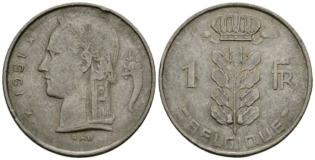 Бельгия 1 франк 1951 Belgique KM 142 медно-никель 4172-527