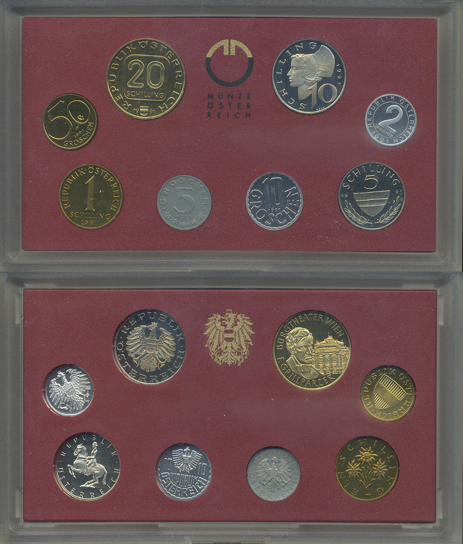 АВСТРИЯ НАБОР ИЗ 8 МОНЕТ 1991 ОФИЦИАЛЬНЫЙ НАБОР, 2, 5, 10, 50 ГРОШЕЙ, 1, 5, 10, 20 ШИЛЛИНГОВ,20 ЛЕТ СО ДНЯ РОЖДЕНИЯ ФРАНЦА ГРИЛЬ ПАРЦЕРА, В ПЛАСТИКЕ KM PS 52 PROOF 6-6-2-7
