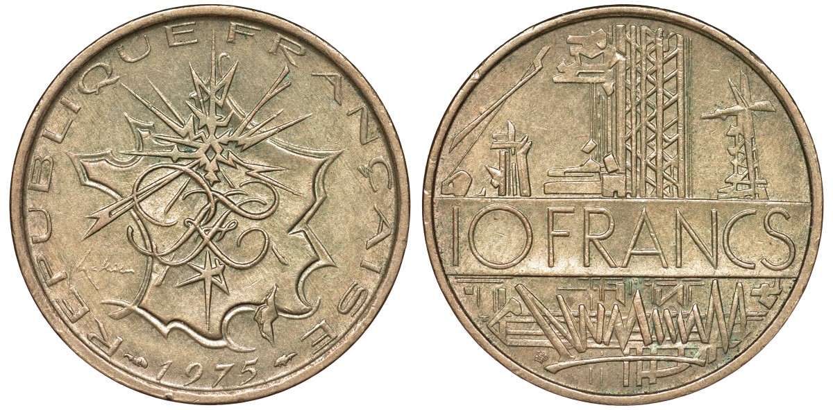 Франция 10 франков 1975 тип Матье KM 940, Le Franc 365.5-6 никель латунь 51-4016
