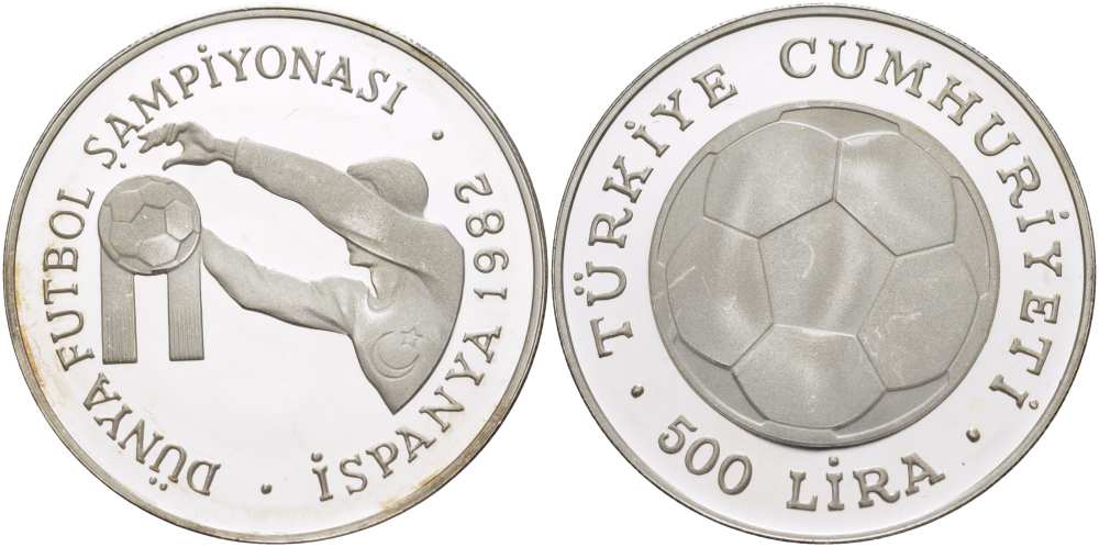 Турция 500 лир 1982 Чемпионат мира по футболу в Испании 1982 года, мяч, вратарь KM 953 серебро PROOF 1074-4-52