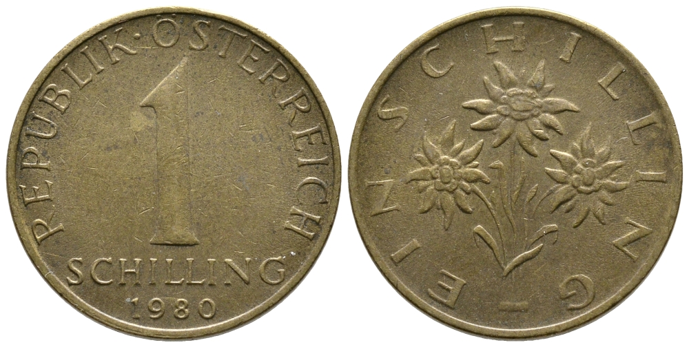 Австрия 1 шиллинг 1980 KM 2886 алюминиевая бронза 36-524