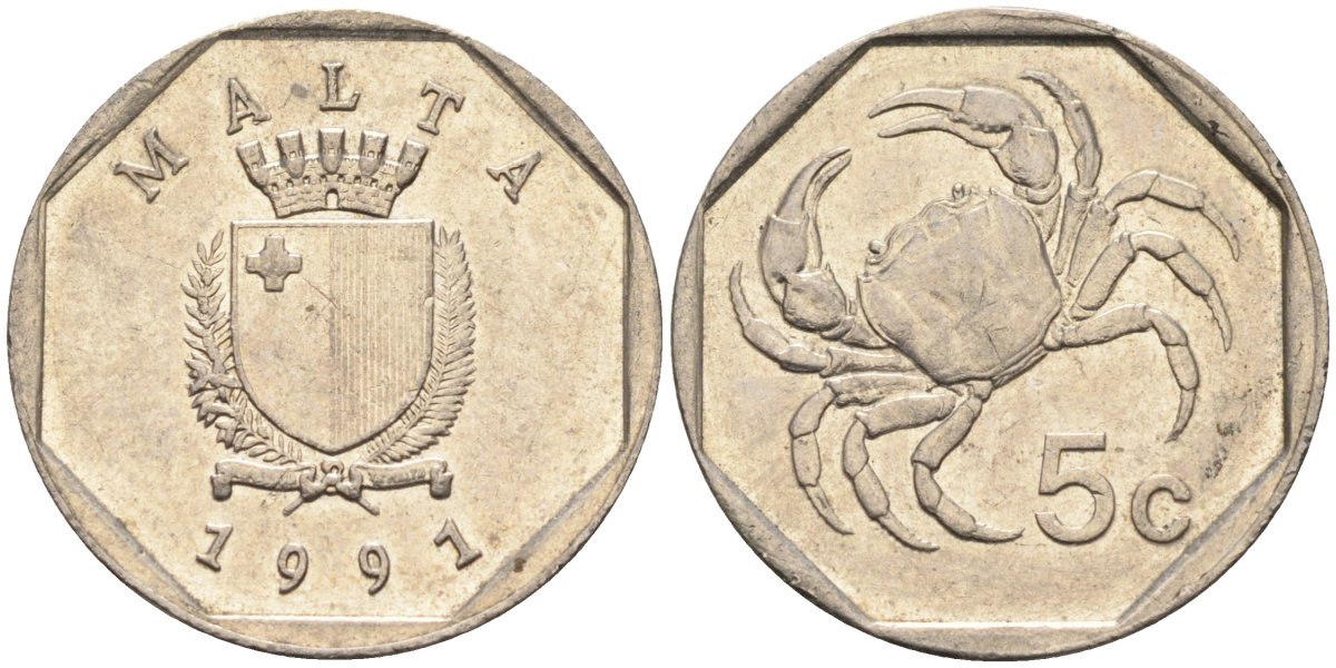 Мальта 5 центов 1991 краб KM 95 медно-никель 4387-1041
