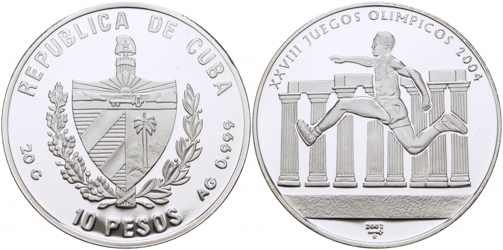 Куба 10 песо 2002 XXVIII Олимпийские игры в Афинах 2004 года, бег KM 734 серебро PROOF 1077-6-62