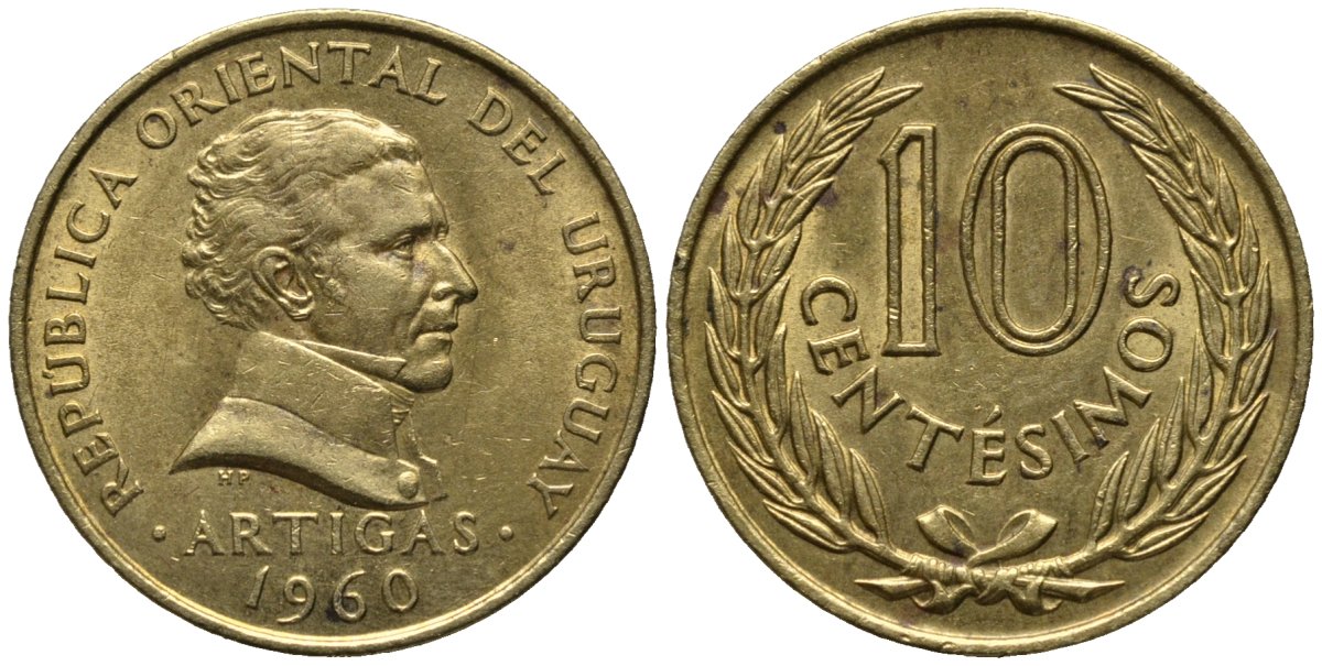 Уругвай 10 сентесимо 1960 ARTIGAS KM 39 никель латунь 4577-641