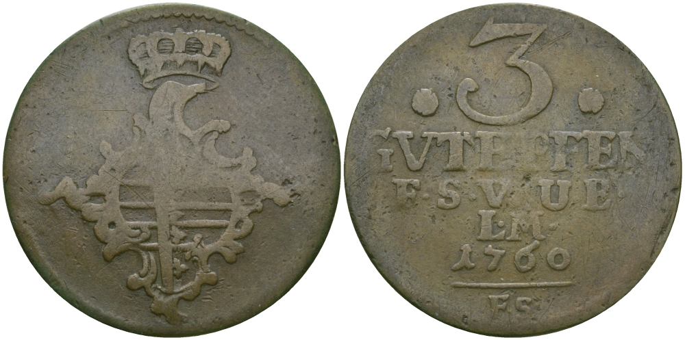 Саксен-Веймар-Эйзенах 3 пфеннига 1760 FS, Анна Амалия Брауншвейгская (1758-1775) KM 34, Koppe 593, Slg. Merseburger 3999 медь 65-611