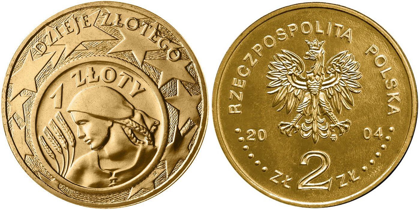 Польша 2 злотых 2004 MW, история злотого, монета на монете KM 479 нордик UNC 4448-323