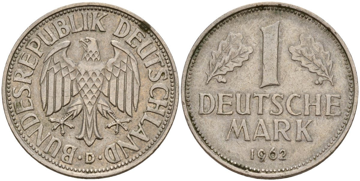 ФРГ 1 марка 1962 D KM 110, J. 385 медно-никель 4159-1046