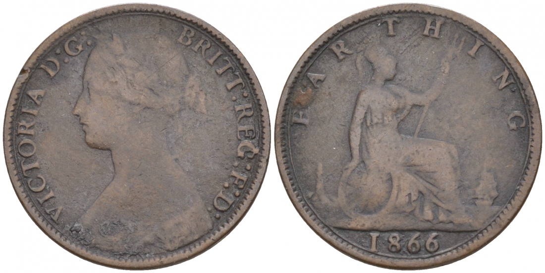 Великобритания 1 фартинг 1866 Виктория (1837-1901) KM 747.2, Spink 3958 бронза 3955-1241